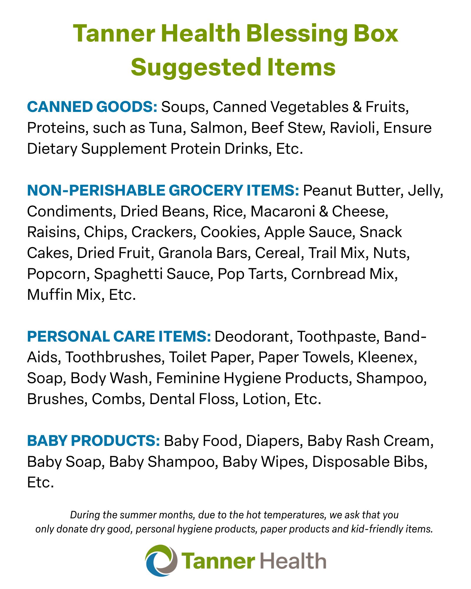 Tanner Health Blessing Boxes Suggested Items 